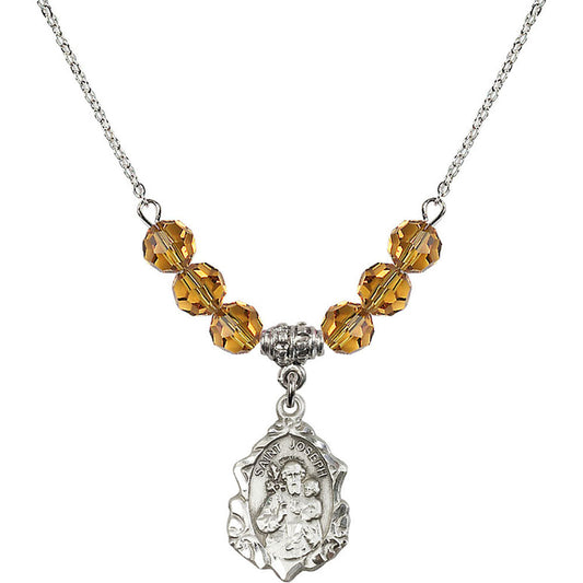 Sterling Silver Saint Joseph Birthstone Necklace with Topaz Beads - 0822