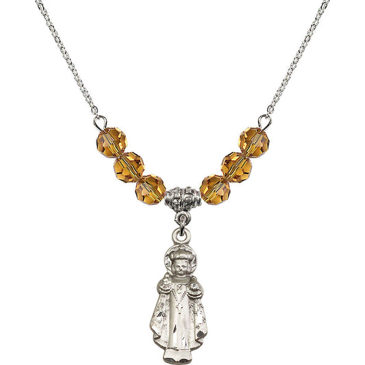 Sterling Silver Infant of Prague Birthstone Necklace with Topaz Beads - 0824