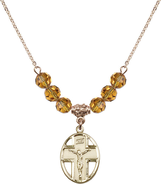 14kt Gold Filled Crucifix Birthstone Necklace with Topaz Beads - 0878