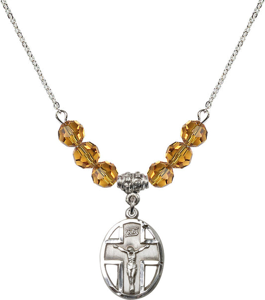 Sterling Silver Crucifix Birthstone Necklace with Topaz Beads - 0878