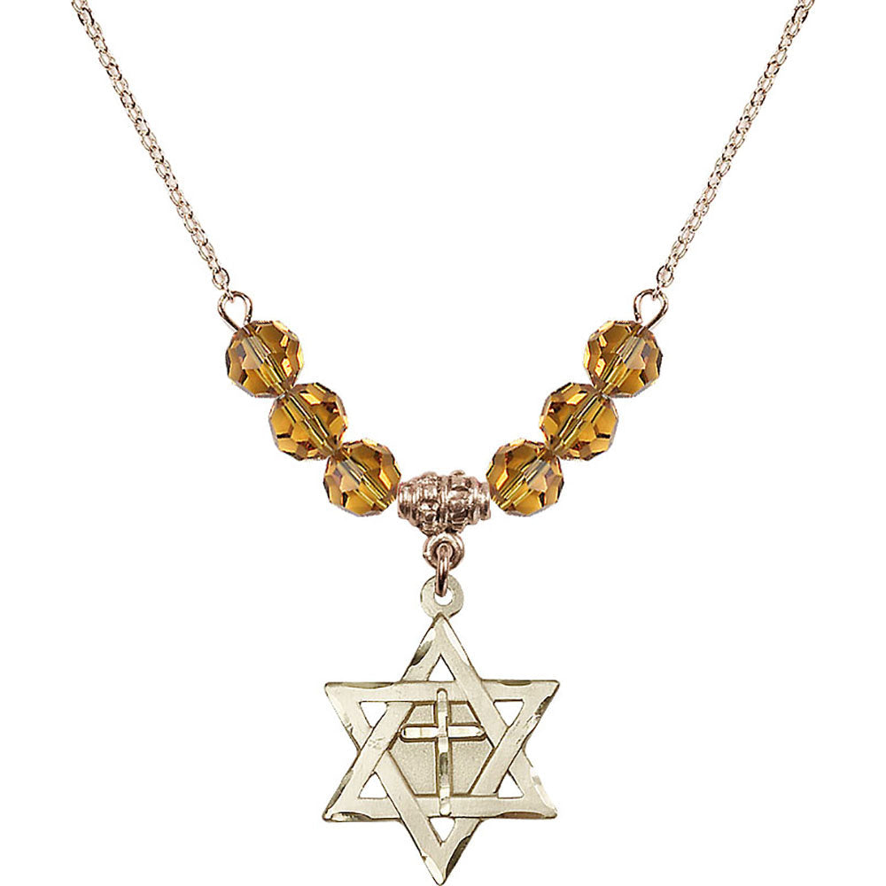 14kt Gold Filled Star of David w/ Cross Birthstone Necklace with Topaz Beads - 1210
