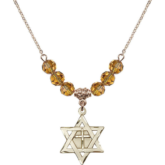 14kt Gold Filled Star of David w/ Cross Birthstone Necklace with Topaz Beads - 1210