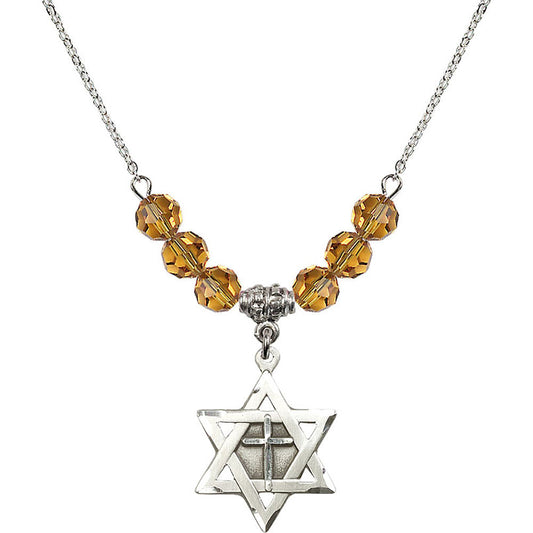 Sterling Silver Star of David w/ Cross Birthstone Necklace with Topaz Beads - 1210