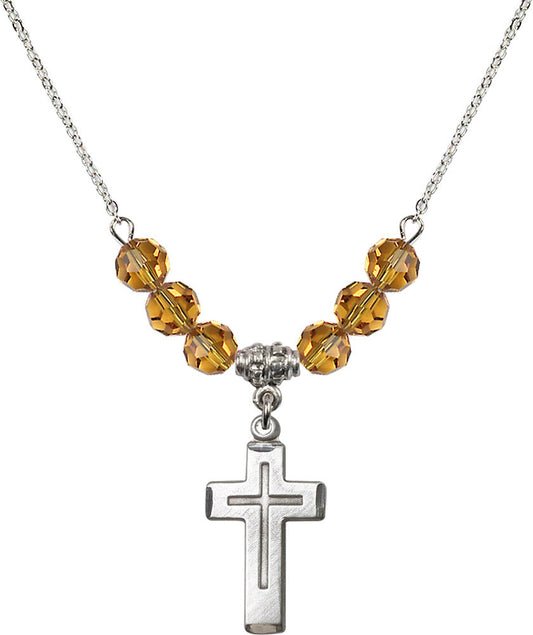 Sterling Silver Cross Birthstone Necklace with Topaz Beads - 1529