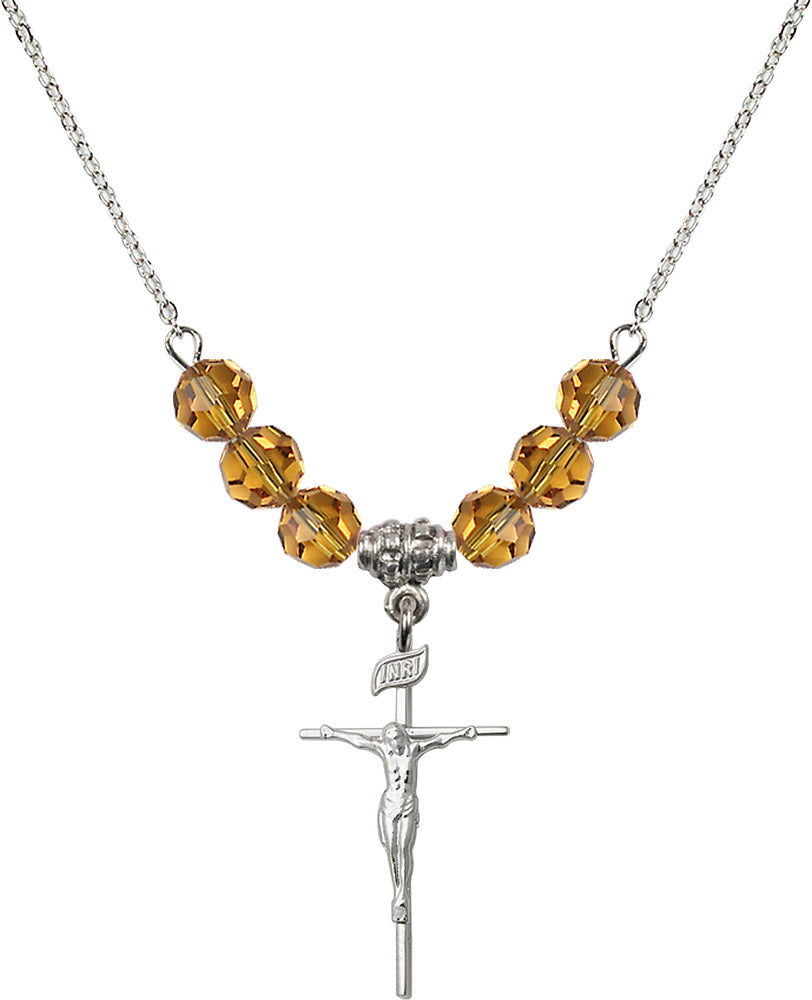 Sterling Silver Crucifix Birthstone Necklace with Topaz Beads - 1535