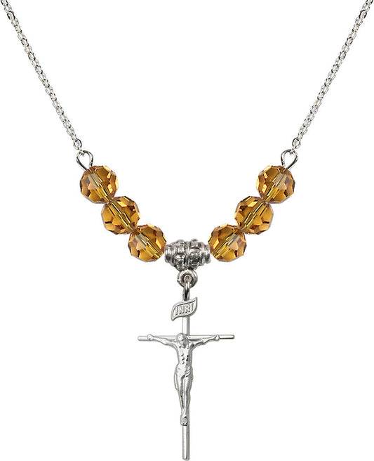 Sterling Silver Crucifix Birthstone Necklace with Topaz Beads - 1535