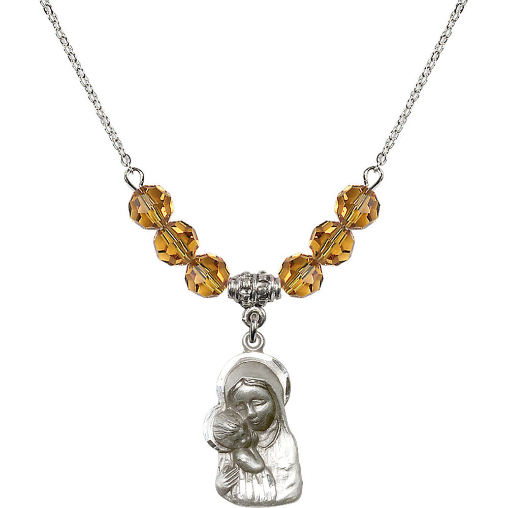Sterling Silver Madonna & Child Birthstone Necklace with Topaz Beads - 1612