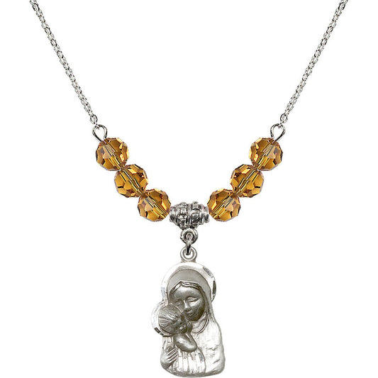 Sterling Silver Madonna & Child Birthstone Necklace with Topaz Beads - 1612