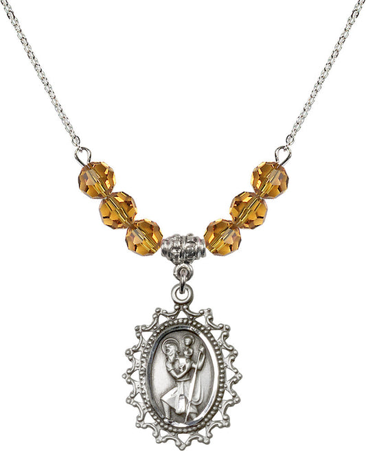 Sterling Silver Saint Christopher Birthstone Necklace with Topaz Beads - 1619