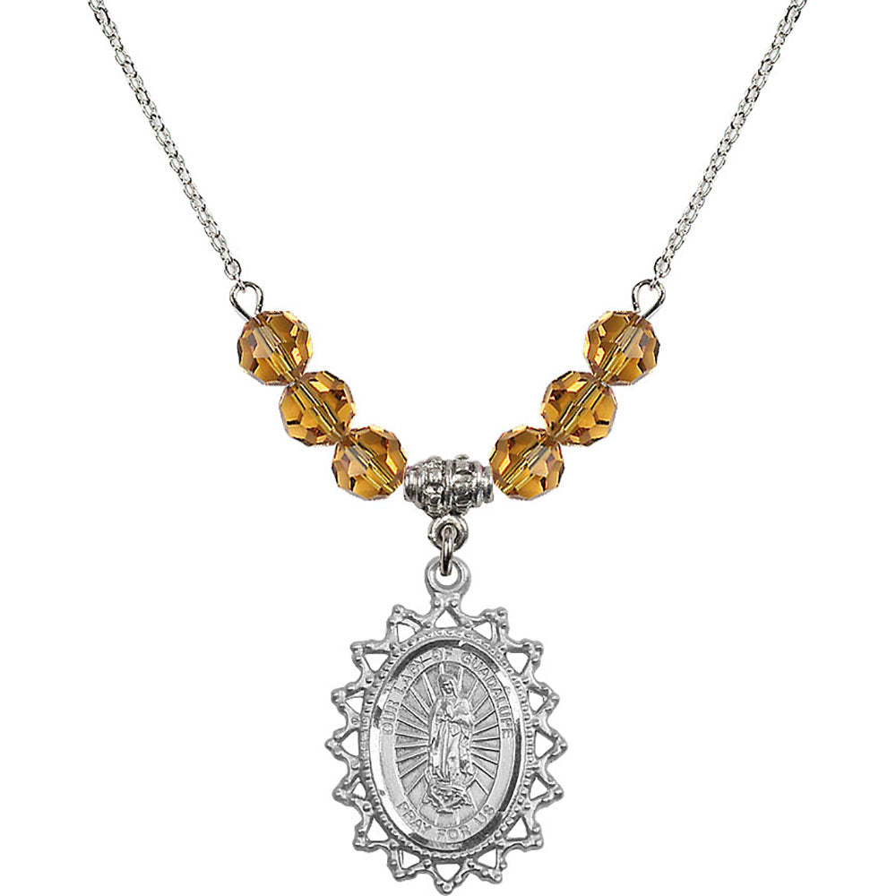 Sterling Silver Our Lady of Guadalupe Birthstone Necklace with Topaz Beads - 1619