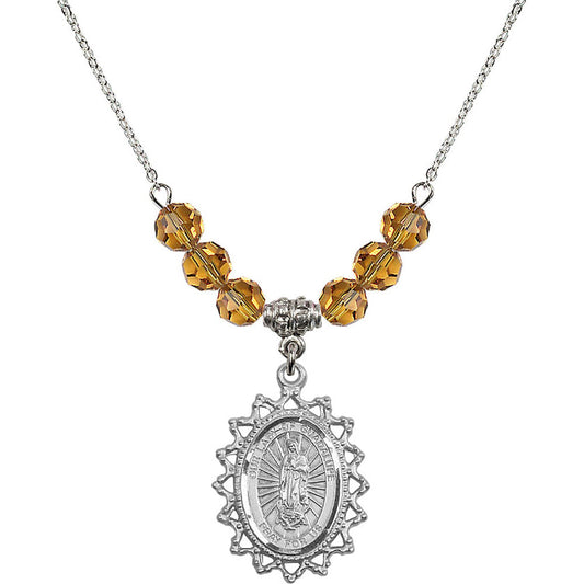 Sterling Silver Our Lady of Guadalupe Birthstone Necklace with Topaz Beads - 1619