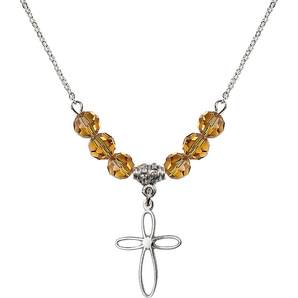 Sterling Silver Loop Cross Birthstone Necklace with Topaz Beads - 1707