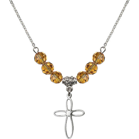 Sterling Silver Loop Cross Birthstone Necklace with Topaz Beads - 1707