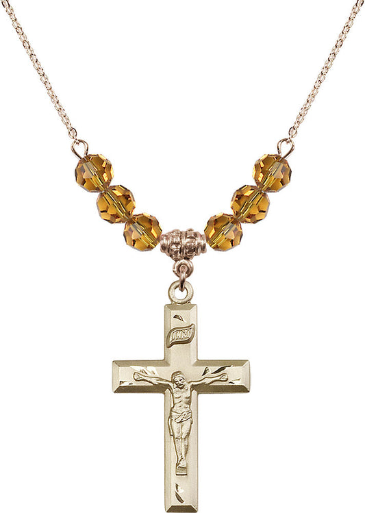 14kt Gold Filled Crucifix Birthstone Necklace with Topaz Beads - 2186