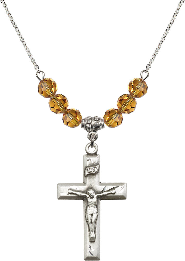 Sterling Silver Crucifix Birthstone Necklace with Topaz Beads - 2186