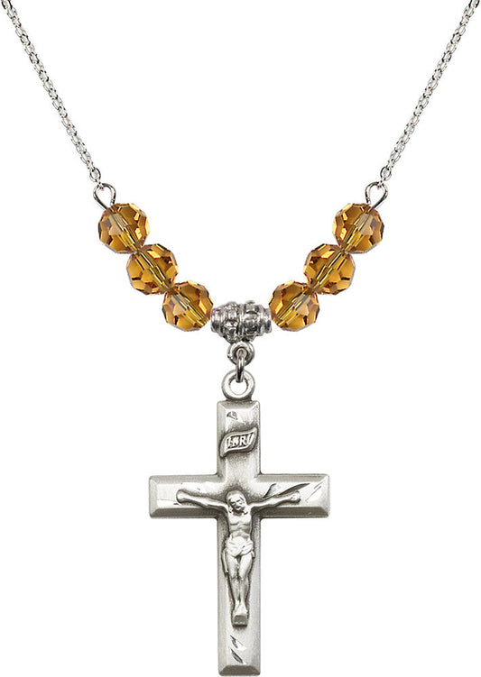 Sterling Silver Crucifix Birthstone Necklace with Topaz Beads - 2186