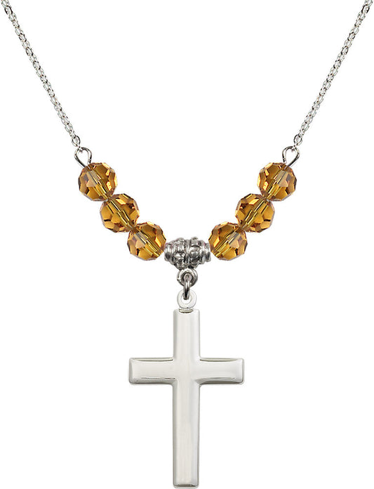 Sterling Silver Cross Birthstone Necklace with Topaz Beads - 2190