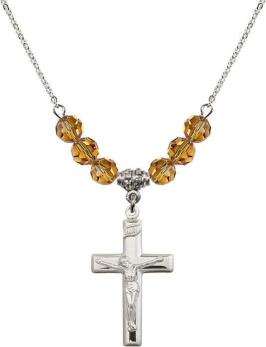 Sterling Silver Crucifix Birthstone Necklace with Topaz Beads - 2191
