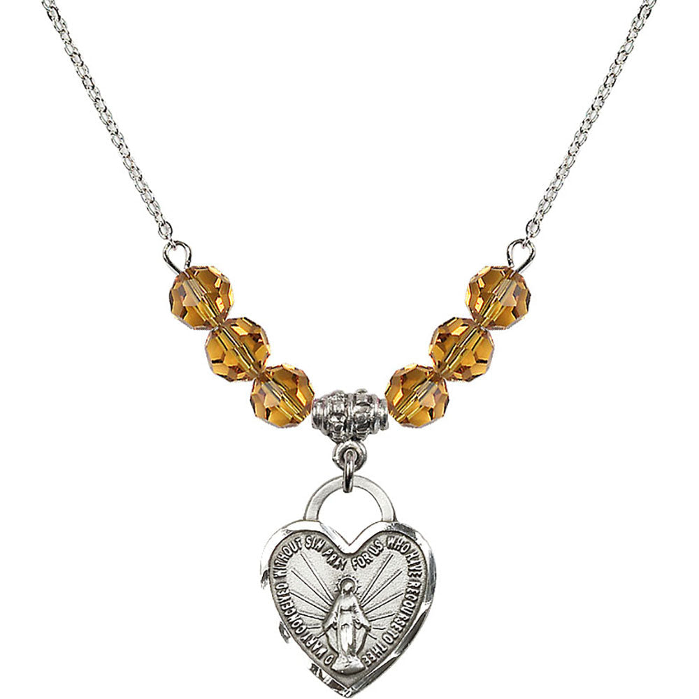 Sterling Silver Miraculous Heart Birthstone Necklace with Topaz Beads - 3201