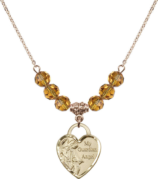 14kt Gold Filled Guardian Angel Heart Birthstone Necklace with Topaz Beads - 3202