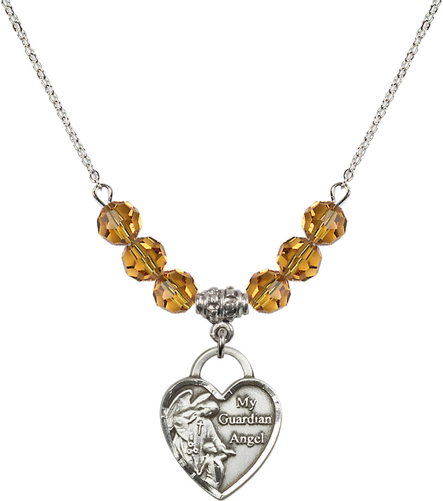 Sterling Silver Guardian Angel Heart Birthstone Necklace with Topaz Beads - 3202