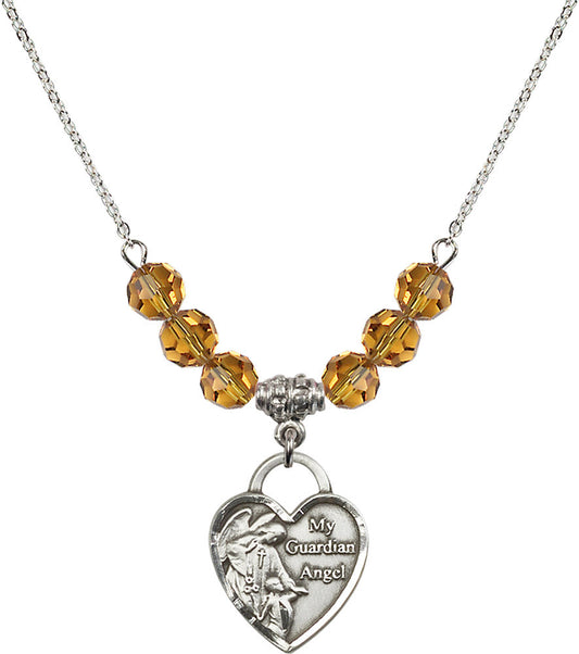 Sterling Silver Guardian Angel Heart Birthstone Necklace with Topaz Beads - 3202