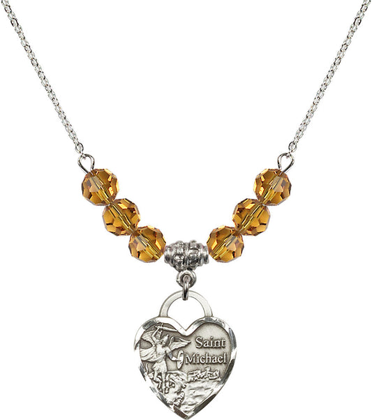 Sterling Silver Saint Michael the Archangel Birthstone Necklace with Topaz Beads - 3203