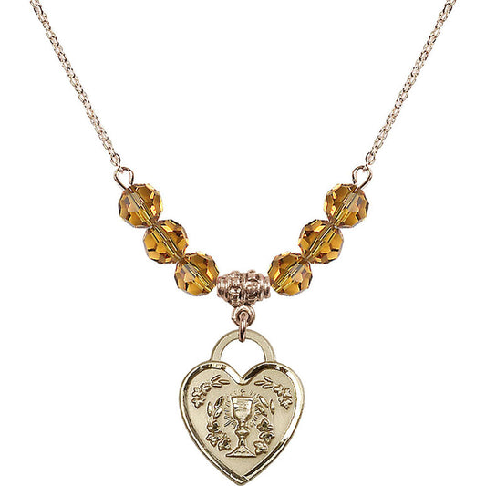 14kt Gold Filled Communion Heart Birthstone Necklace with Topaz Beads - 3204