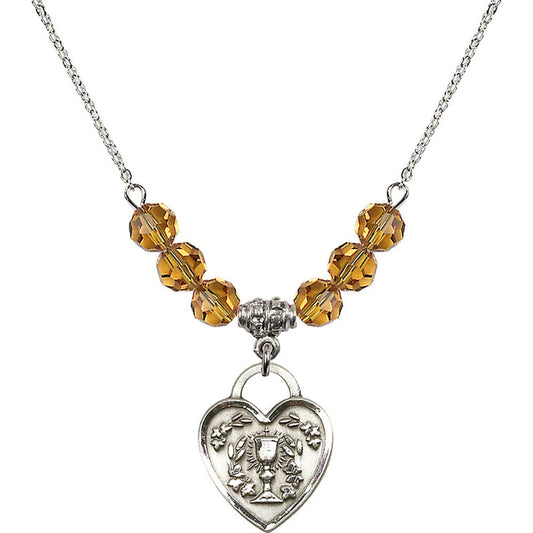 Sterling Silver Communion Heart Birthstone Necklace with Topaz Beads - 3204