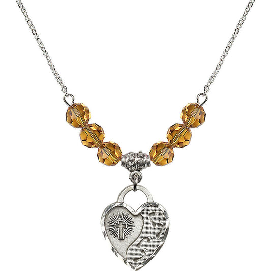 Sterling Silver Footprints Heart Birthstone Necklace with Topaz Beads - 3207