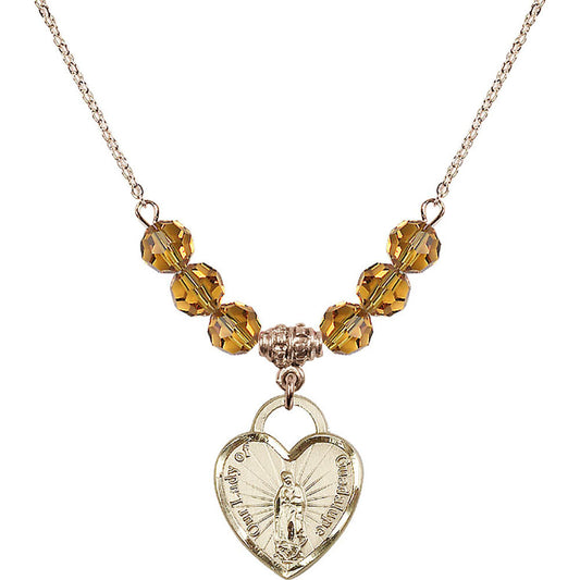 14kt Gold Filled Our Lady of Guadalupe Heart / Recuerdo Birthstone Necklace with Topaz Beads - 3209