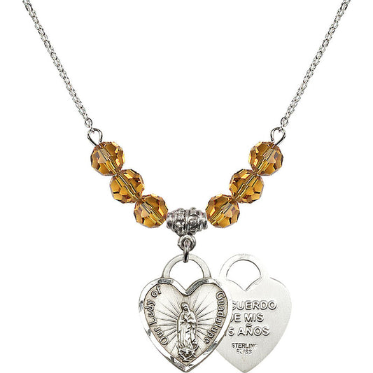 Sterling Silver Our Lady of Guadalupe Heart / Recuerdo Birthstone Necklace with Topaz Beads - 3209