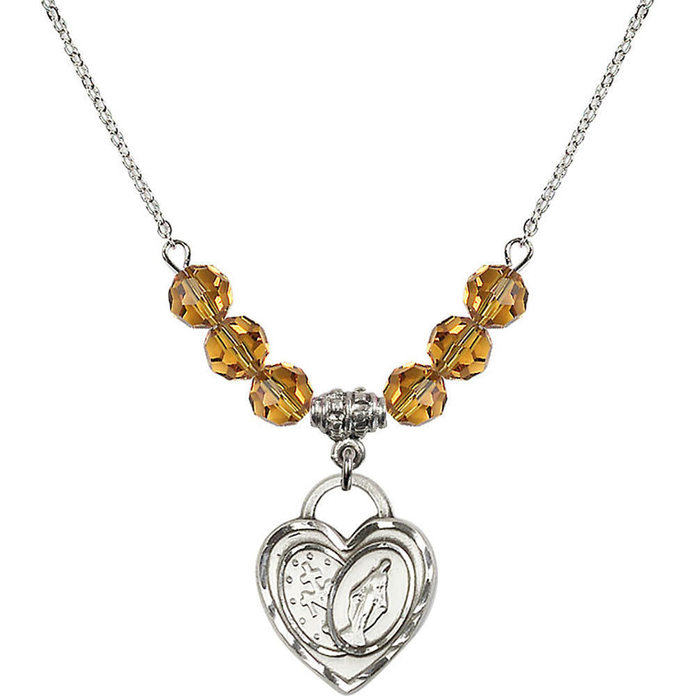 Sterling Silver Miraculous Heart Birthstone Necklace with Topaz Beads - 3212
