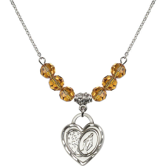 Sterling Silver Miraculous Heart Birthstone Necklace with Topaz Beads - 3212