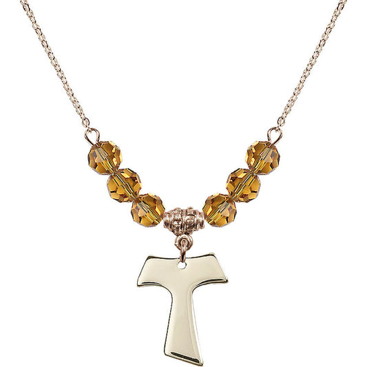 14kt Gold Filled Tau Cross Birthstone Necklace with Topaz Beads - 3948