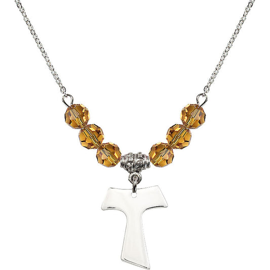 Sterling Silver Tau Cross Birthstone Necklace with Topaz Beads - 3948