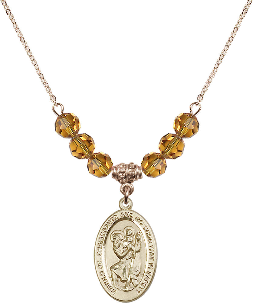 14kt Gold Filled Saint Christopher Birthstone Necklace with Topaz Beads - 4123