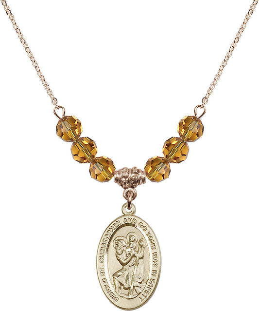 14kt Gold Filled Saint Christopher Birthstone Necklace with Topaz Beads - 4123