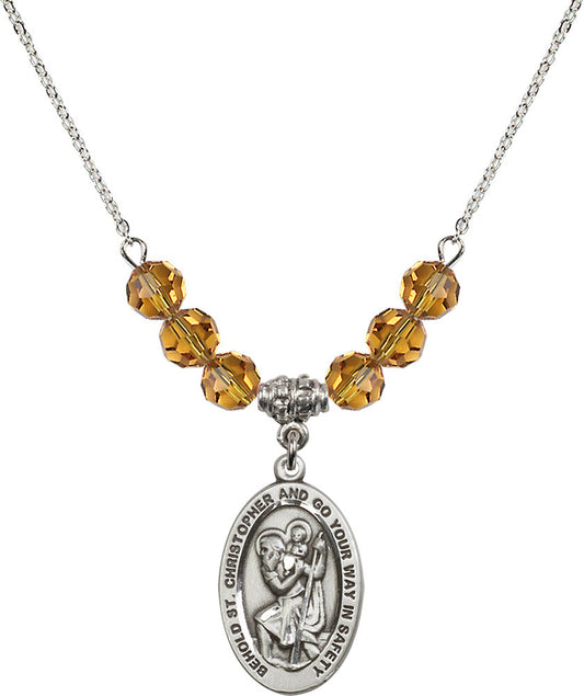 Sterling Silver Saint Christopher Birthstone Necklace with Topaz Beads - 4123