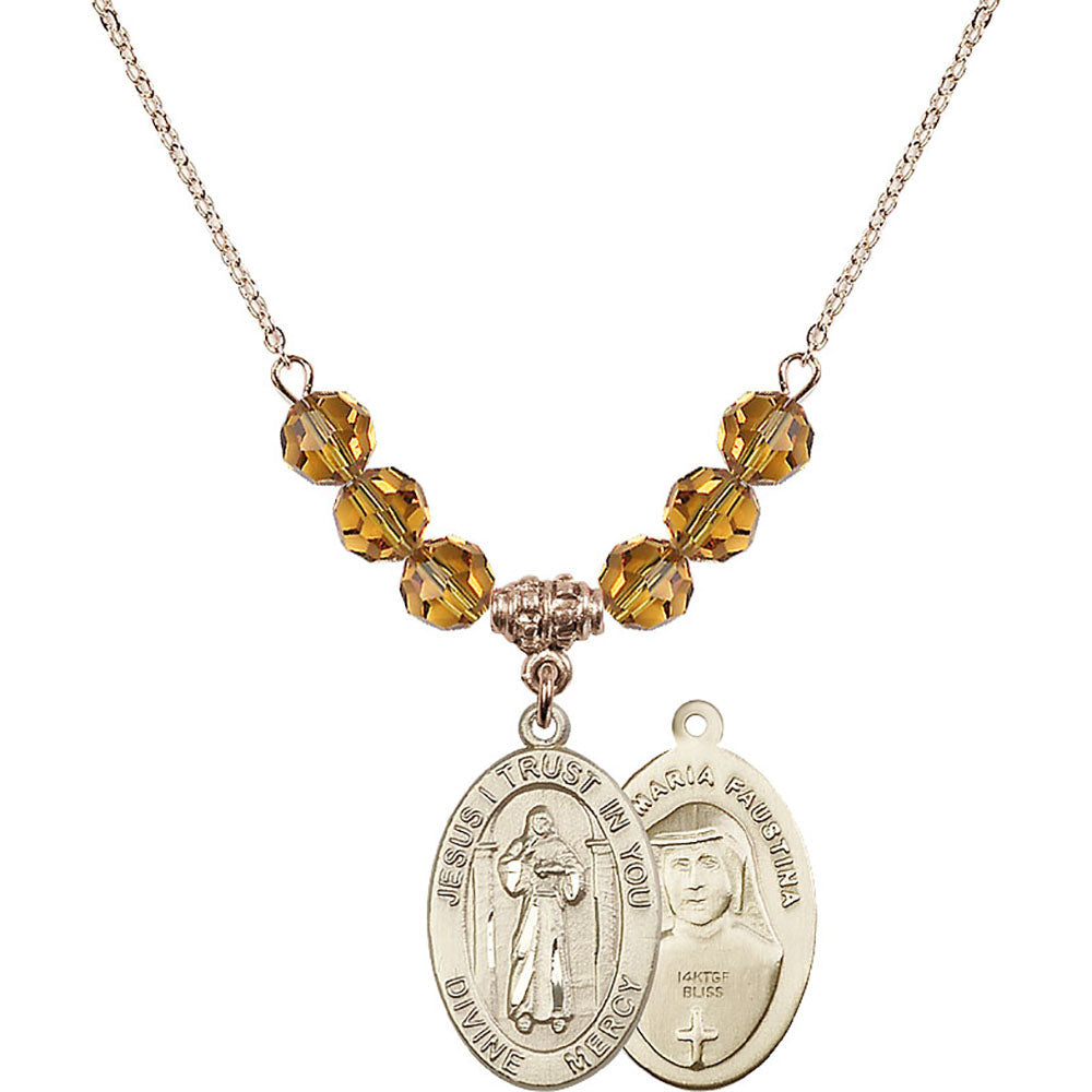 14kt Gold Filled Divine Mercy Birthstone Necklace with Topaz Beads - 4123