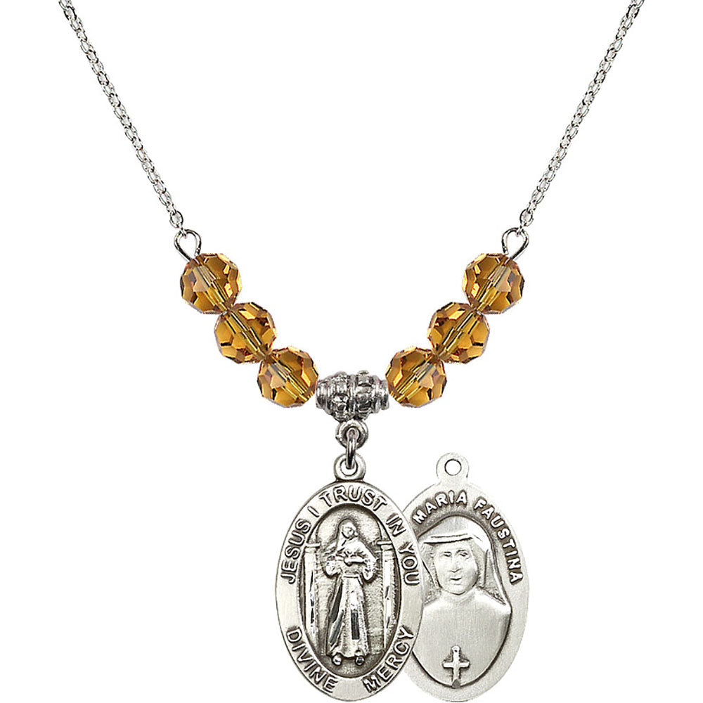 Sterling Silver Divine Mercy Birthstone Necklace with Topaz Beads - 4123