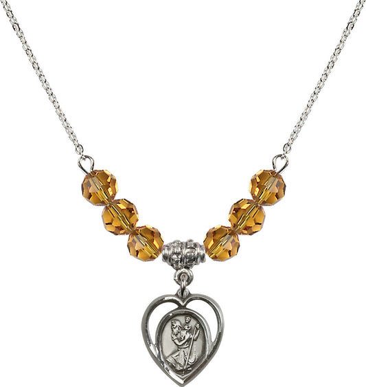 Sterling Silver Saint Christopher Birthstone Necklace with Topaz Beads - 4127