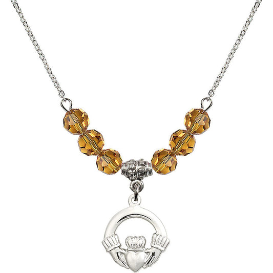 Sterling Silver Claddagh Birthstone Necklace with Topaz Beads - 4138