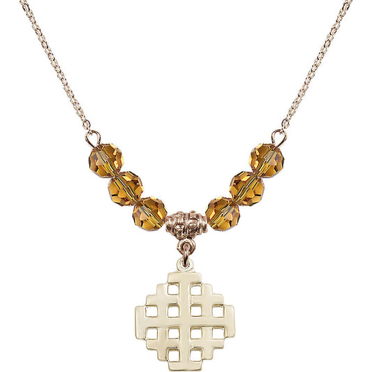 14kt Gold Filled Jerusalem Cross Birthstone Necklace with Topaz Beads - 4139