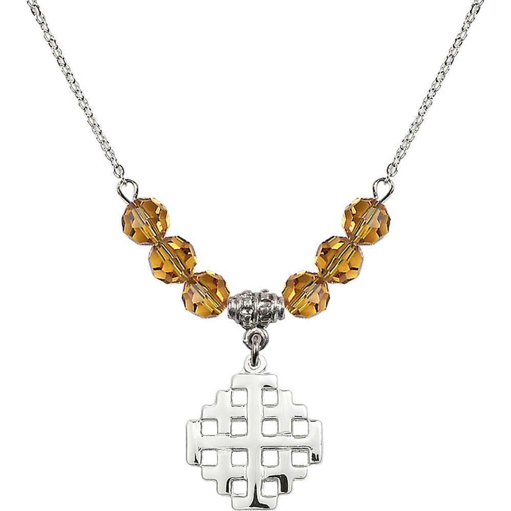 Sterling Silver Jerusalem Cross Birthstone Necklace with Topaz Beads - 4139