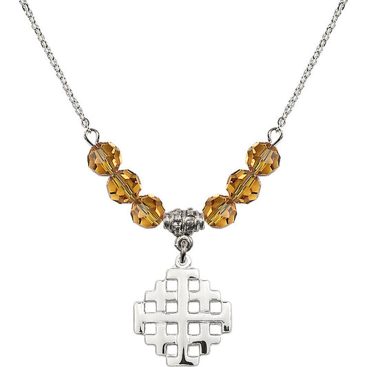 Sterling Silver Jerusalem Cross Birthstone Necklace with Topaz Beads - 4139
