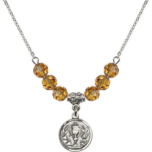 Sterling Silver Communion Chalice Birthstone Necklace with Topaz Beads - 4203