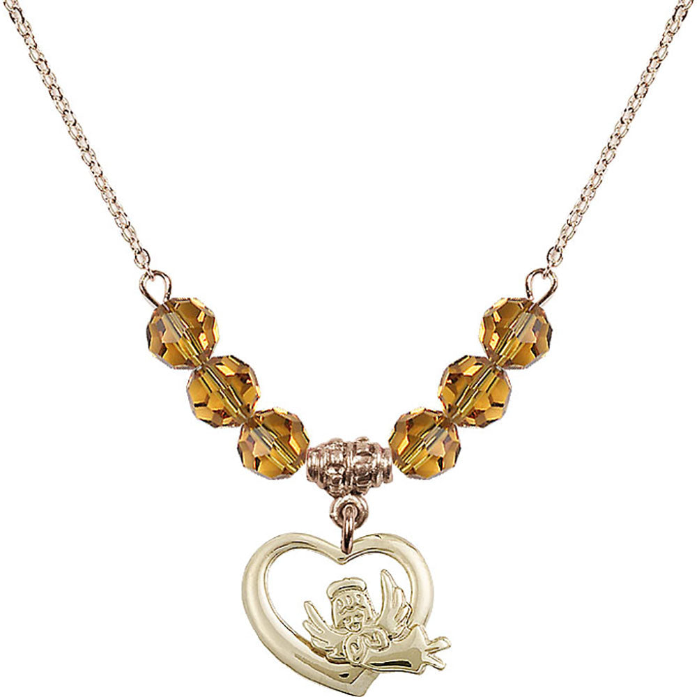 14kt Gold Filled Heart / Guardian Angel Birthstone Necklace with Topaz Beads - 4206