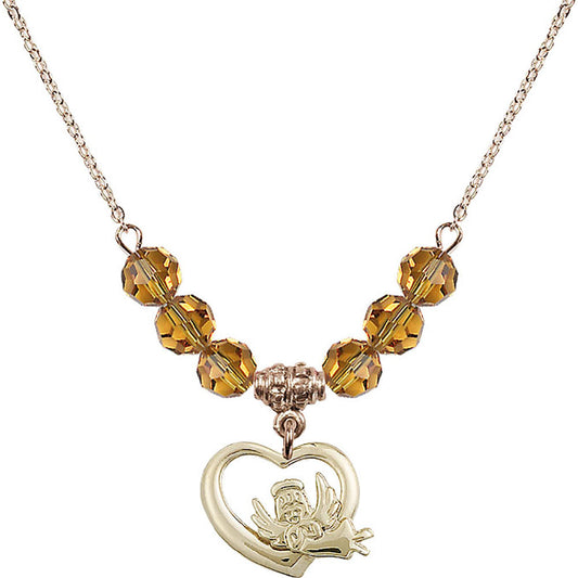 14kt Gold Filled Heart / Guardian Angel Birthstone Necklace with Topaz Beads - 4206