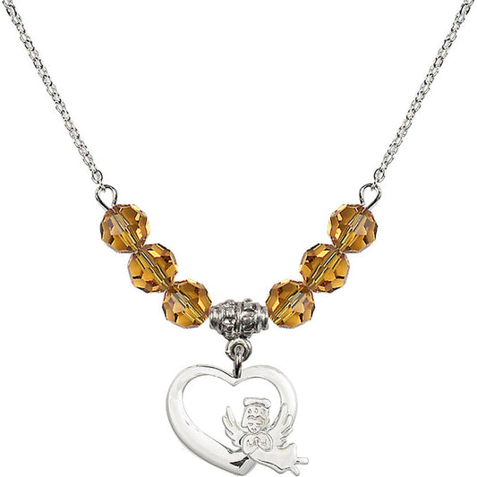 Sterling Silver Heart / Guardian Angel Birthstone Necklace with Topaz Beads - 4206